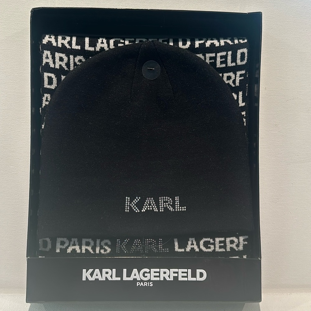 Karl Lagerfeld Black & White Beanie with Scarf with jewel encrusted KARL on both